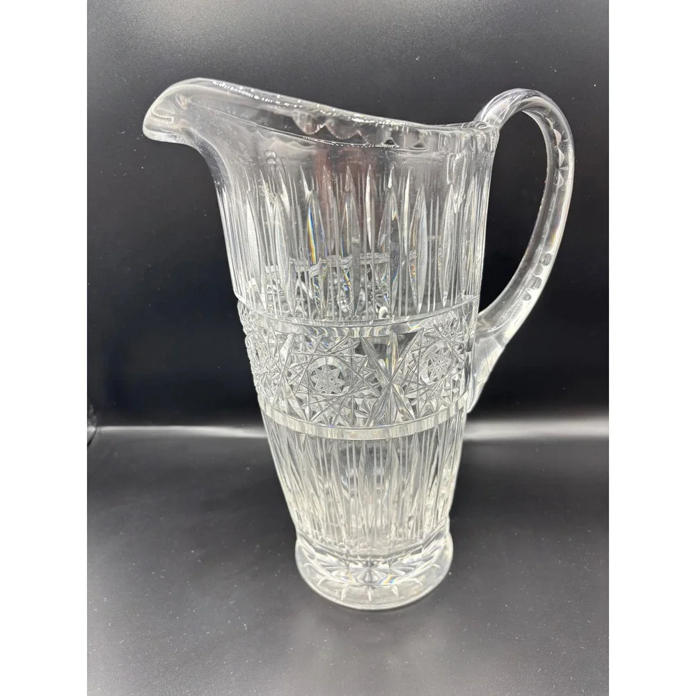Vintage Cut Glass Water Pitcher Clear‎ Crystal Starburst Pattern 10 Inch Tall